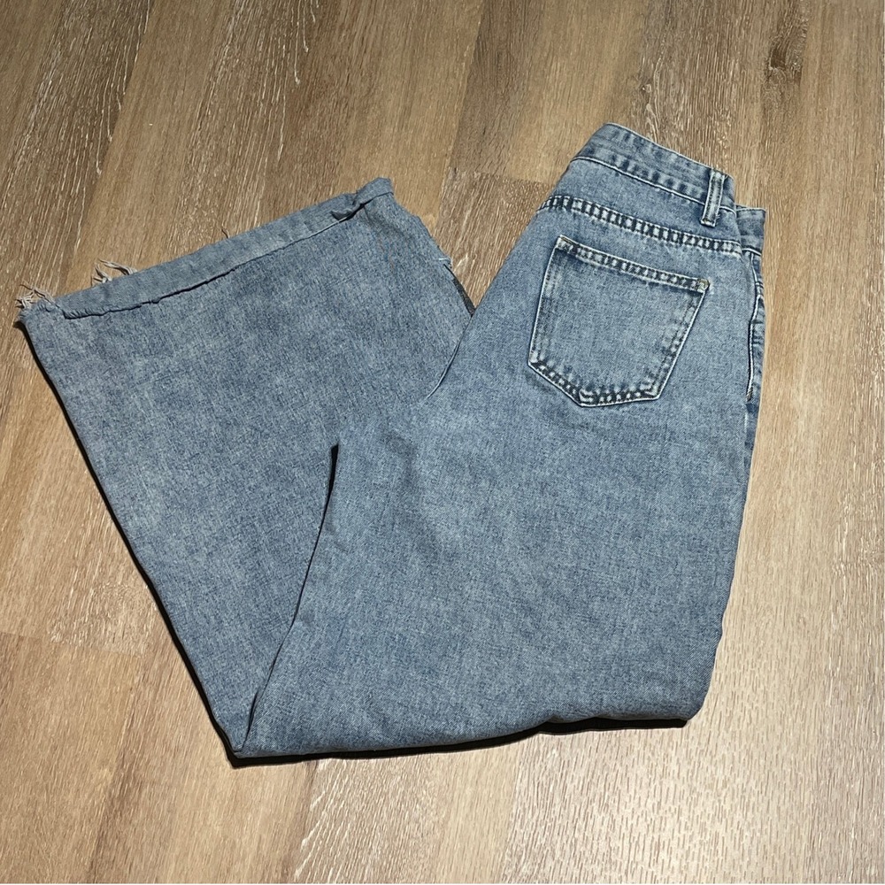 ROMWE Women Wide Leg Jeans Skeleton Skull Graphic Distress Raw Hem Light Wash‎ M